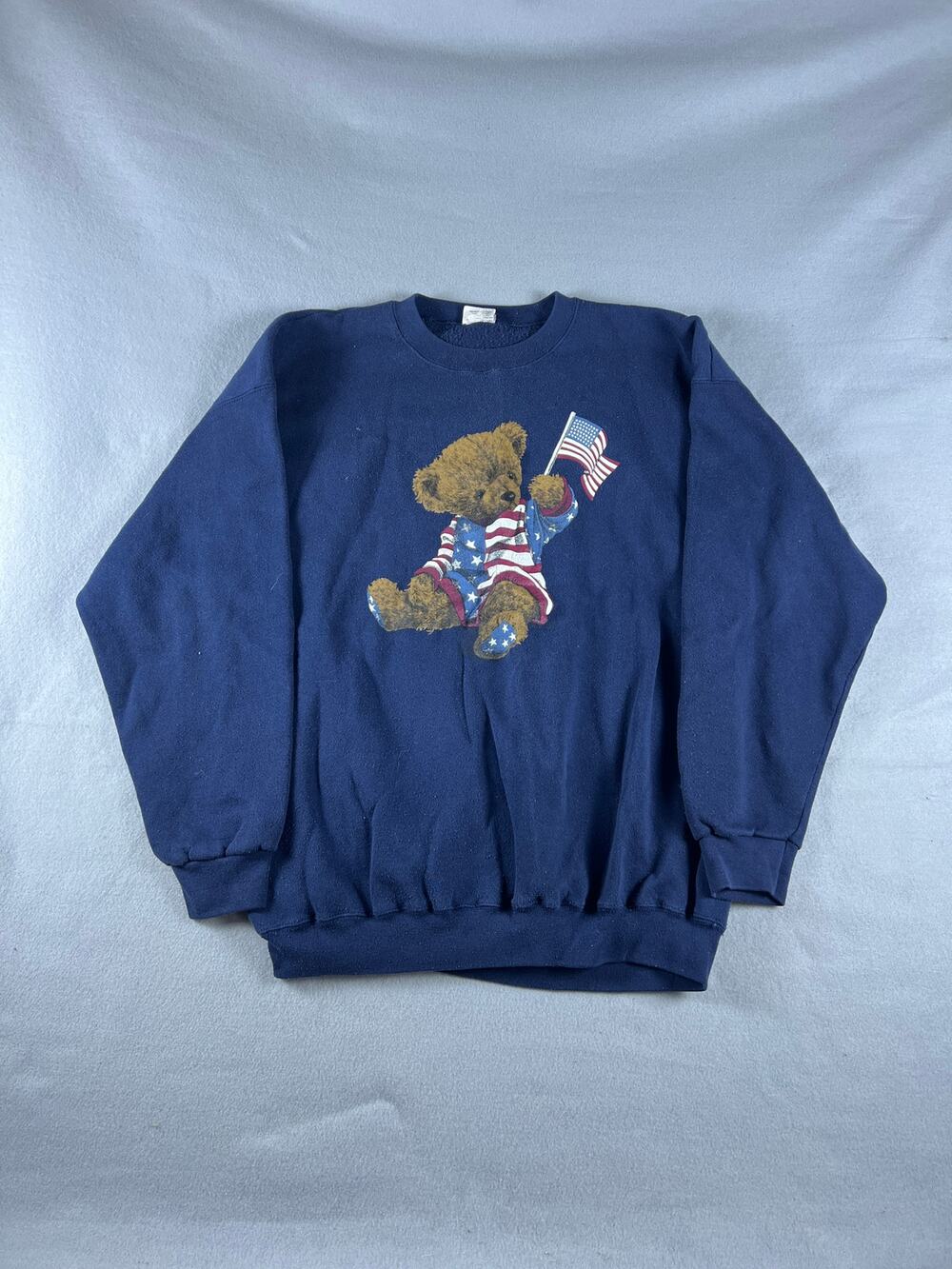 Vintage Cliff Engle Sweatshirt Mens XL Blue Teddy Bear Patriotic Retro USA Made